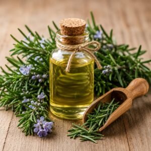Rosemary oil bottle with fresh rosemary leaves and flowers used in natural hair care routines for healthy hair growth.