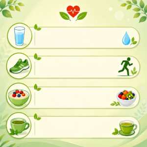 Healthy morning routine infographic with water, walking, healthy breakfast, and green tea icons for how to lower cholesterol naturally.