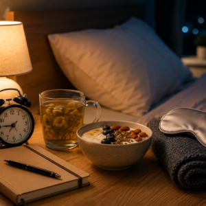 Simple night routine with herbal tea healthy snacks alarm clock sleep mask and cozy bedroom setup for healthy lifestyle habits