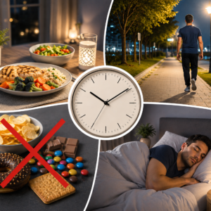 Healthy night routine collage showing a healthy dinner, evening walk, avoiding sugary snacks, sleeping on time, and a clock for heart healthy lifestyle habits.
