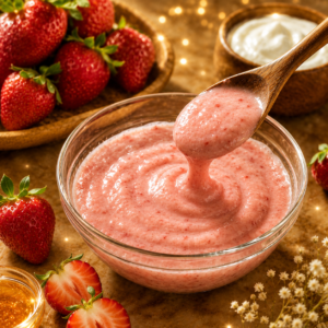 Shiny strawberry and yogurt homemade face mask in glass bowl for glowing bright skin naturally