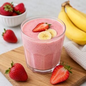 Fresh strawberry banana smoothie in a glass with sliced strawberries and bananas on a wooden board