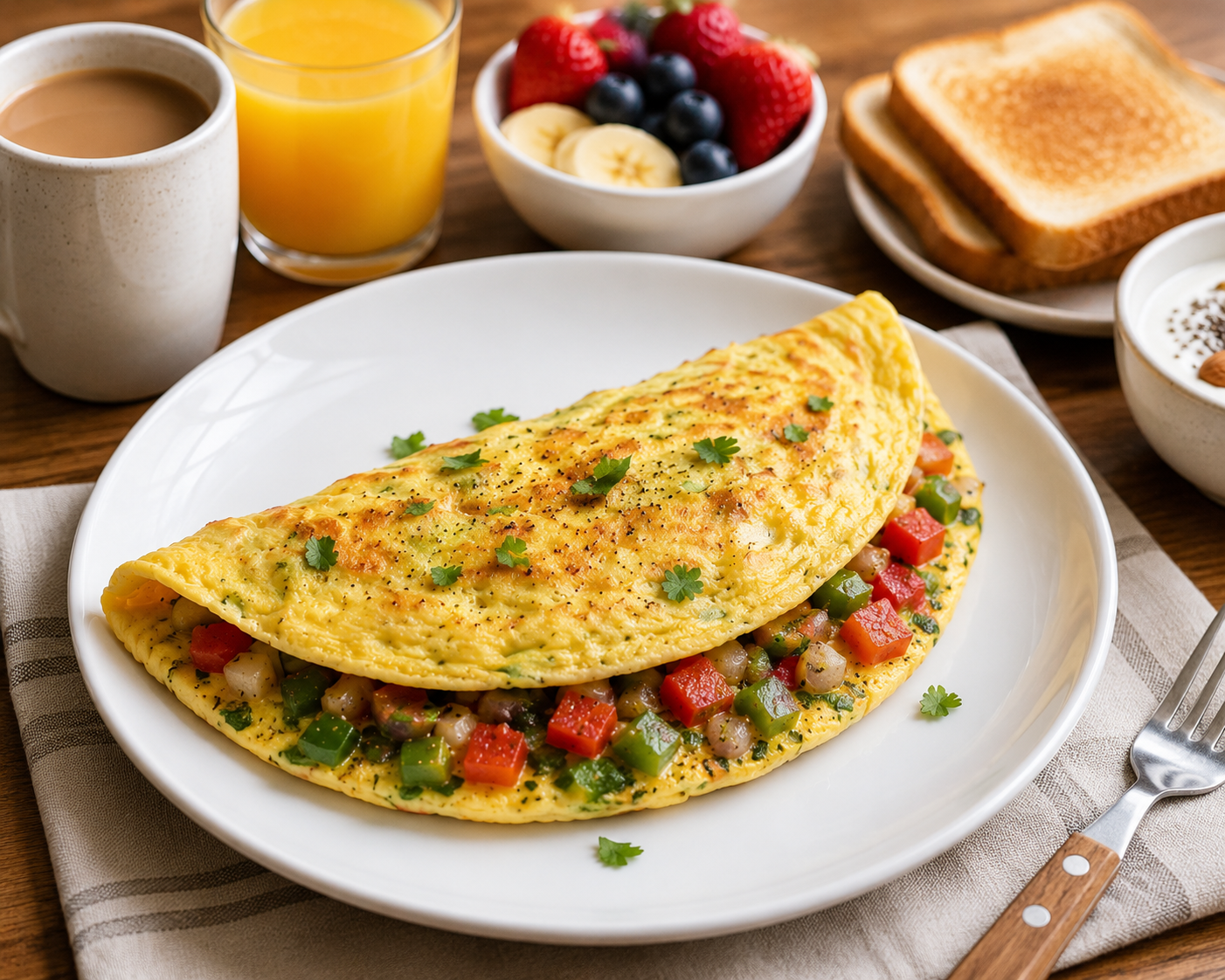 Vegetable omelet high protein breakfast for weight loss with healthy vegetables coffee toast and fresh breakfast table setting