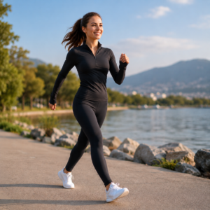 Woman in full workout outfit walking outdoors near the lake for belly fat loss and healthy lifestyle fitness routine
