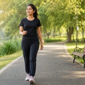 Woman walking outdoors for healthy post pregnancy weight loss and postpartum fitness