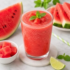 Refreshing watermelon hydration smoothie in a glass with fresh watermelon cubes, mint, and lime
