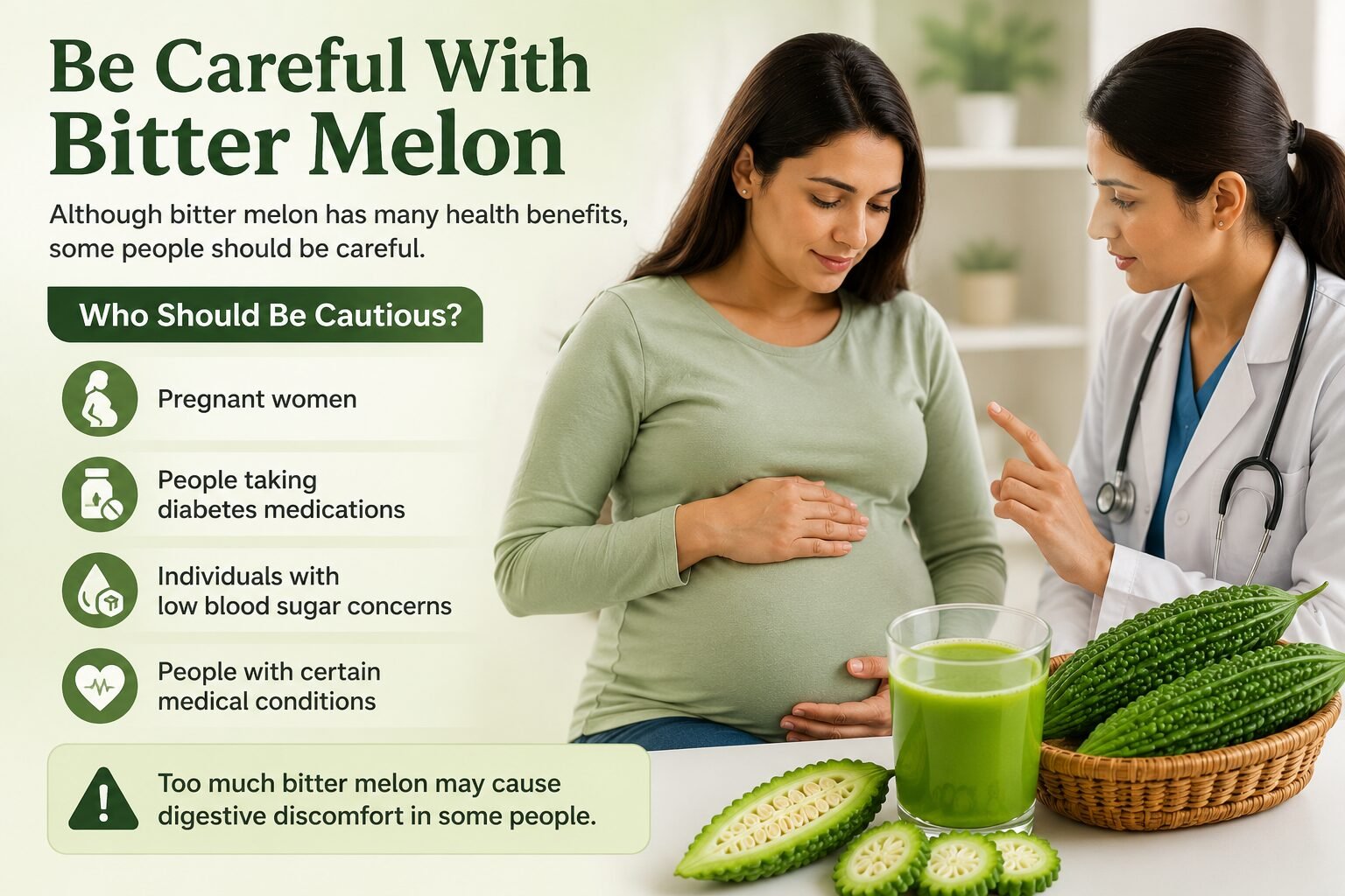 Pregnant woman consulting a doctor with bitter melon juice and health warning information for diabetes support