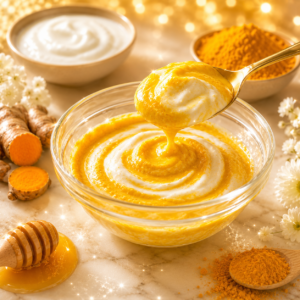 Shiny yogurt and turmeric homemade face mask in glass bowl for glowing and bright skin naturally