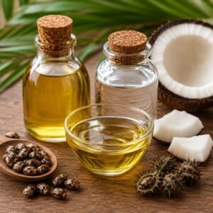 Castor oil and coconut oil blend in glass bowls with coconut pieces and castor seeds for natural hair care and healthy hair growth.