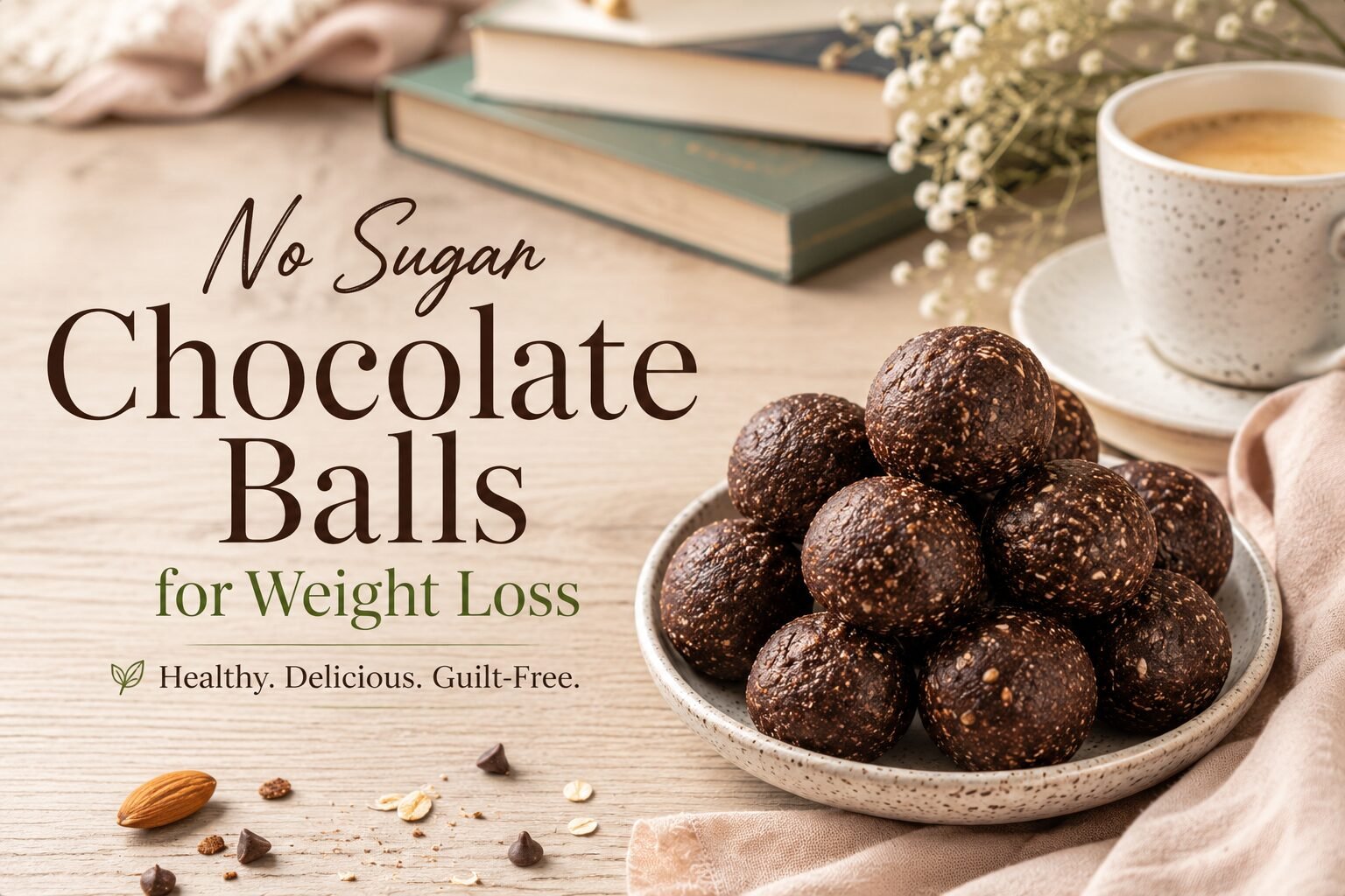 No Sugar Chocolate Balls for Weight Loss served in a bowl with coffee and natural ingredients on a wooden table.