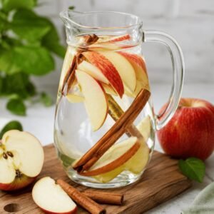 Fresh apple cinnamon detox water in a glass pitcher with sliced apples and cinnamon sticks on a wooden board.
