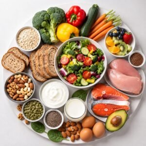 Healthy foods for PCOD and PCOS including fresh vegetables, fruits, whole grains, eggs, fish, nuts, seeds, and healthy fats for hormonal balance