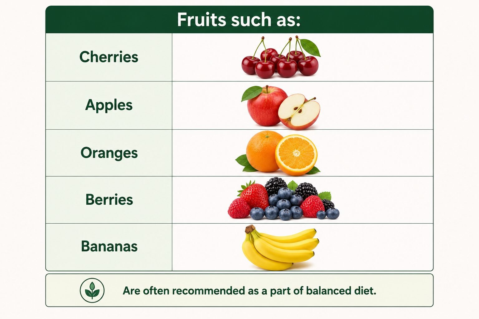 Table-style infographic showing cherries, apples, oranges, berries, and bananas with corresponding fruit images and a note stating they are often recommended as part of a balanced diet.
