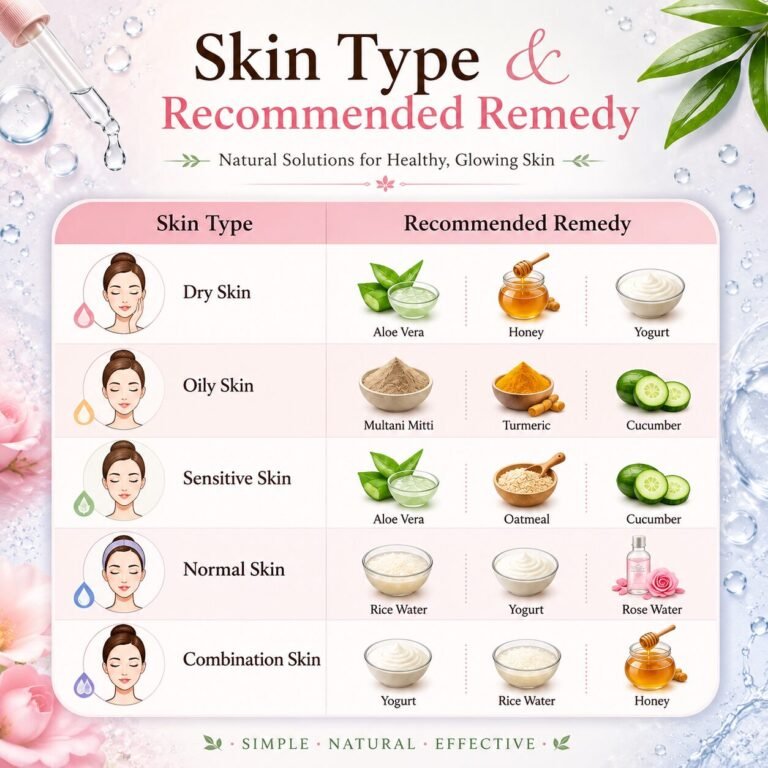 Best Glass Skin Home Remedies chart showing the recommended natural remedies for dry, oily, sensitive, normal, and combination skin types.