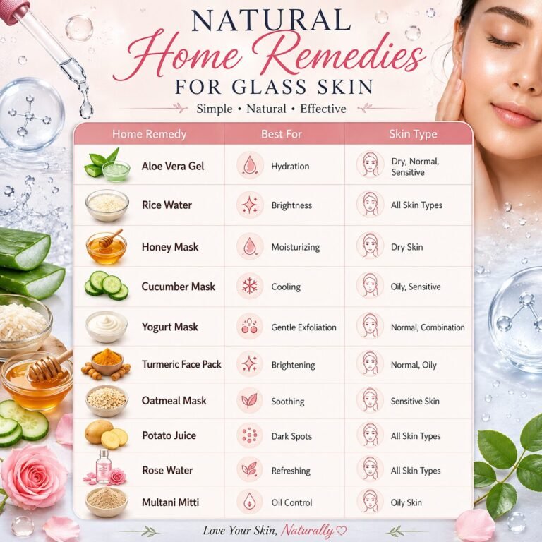 Best Glass Skin Home Remedies including aloe vera gel, rice water, honey mask, cucumber mask, yogurt mask, turmeric face pack, oatmeal mask, potato juice, rose water, and multani mitti for healthy glowing skin.