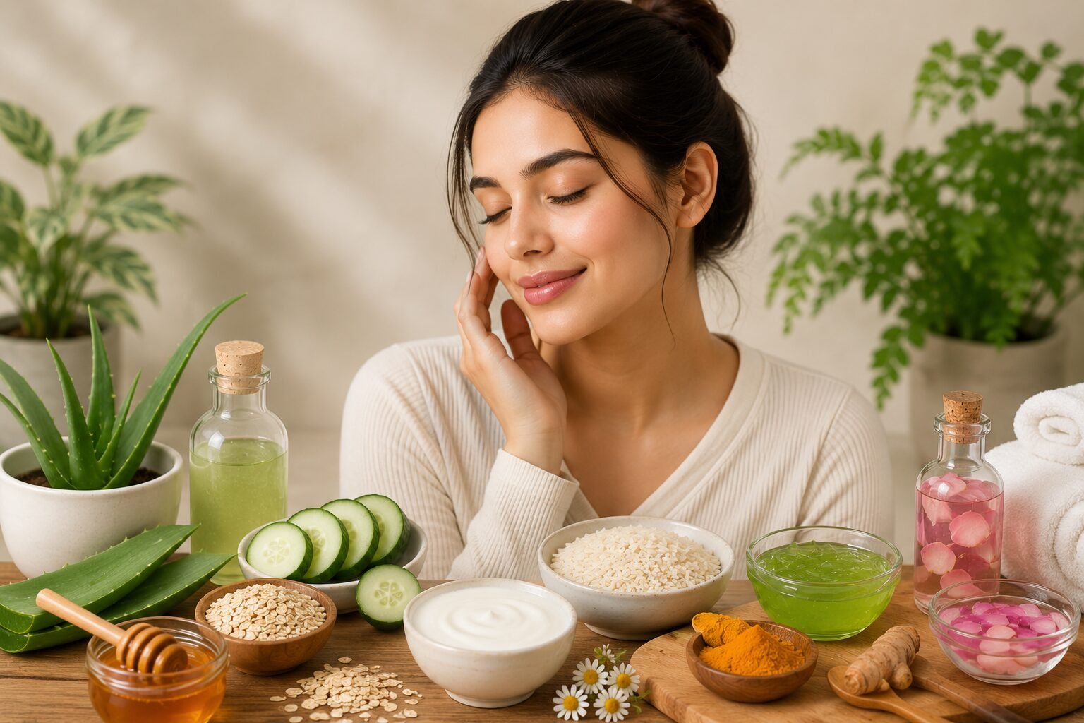 Best Glass Skin Home Remedies featuring natural skincare ingredients like aloe vera, honey, rice water, cucumber, oatmeal, and turmeric for clear, smooth, and glowing skin.