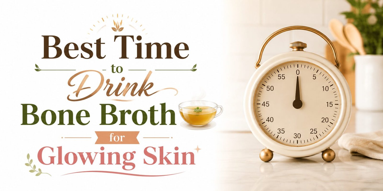 Best Time to Drink Bone Broth for Glowing Skin illustrated with a kitchen timer and warm kitchen background.