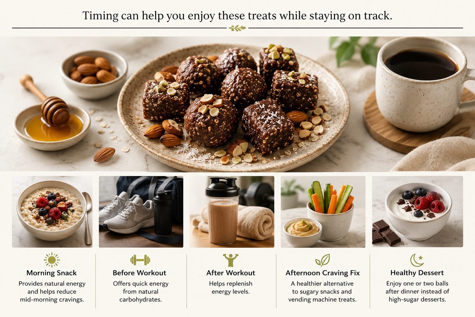 Healthy no sugar chocolate balls for weight loss served on a ceramic plate with almonds, honey, and black coffee, alongside visual suggestions for morning snack, before workout, after workout, afternoon craving fix, and healthy dessert occasions.