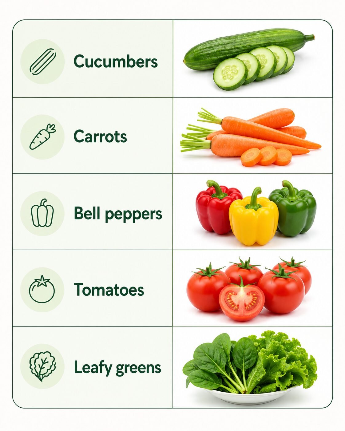 Table-style infographic displaying cucumbers, carrots, bell peppers, tomatoes, and leafy greens with corresponding vegetable images on a clean light background.