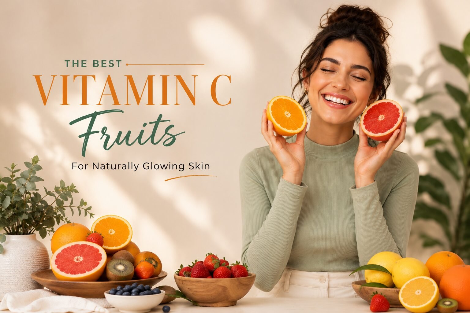Best Vitamin C Fruits for Glowing Skin featuring a smiling woman holding fresh citrus fruits with oranges, grapefruit, lemons, strawberries, and other vitamin C-rich fruits on a healthy lifestyle banner.