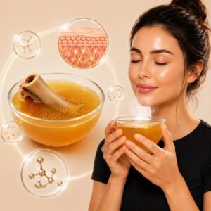 Bone Broth for Glowing Skin and Collagen featuring a woman with radiant skin holding bone broth alongside scientific collagen and skin health illustrations.
