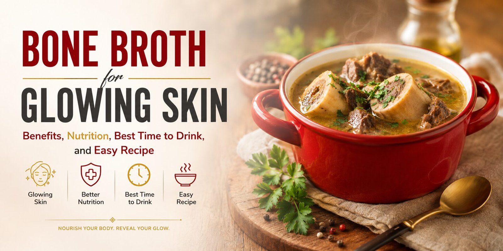 Bone Broth for Glowing Skin served in a red ceramic pot with rich golden broth, beef bones, fresh herbs, and a healthy homemade recipe for skin wellness.