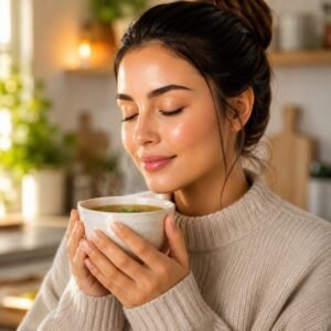 Woman with healthy glowing skin holding a warm bowl of Bone Broth for Glowing Skin in a cozy kitchen setting.