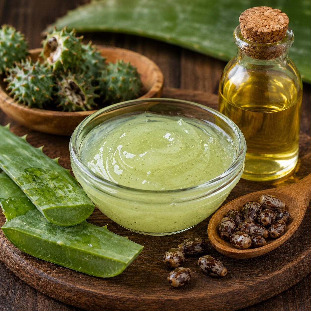 Castor oil and fresh aloe vera gel hair mask with aloe leaves and castor seeds for natural hair growth and thickness support.