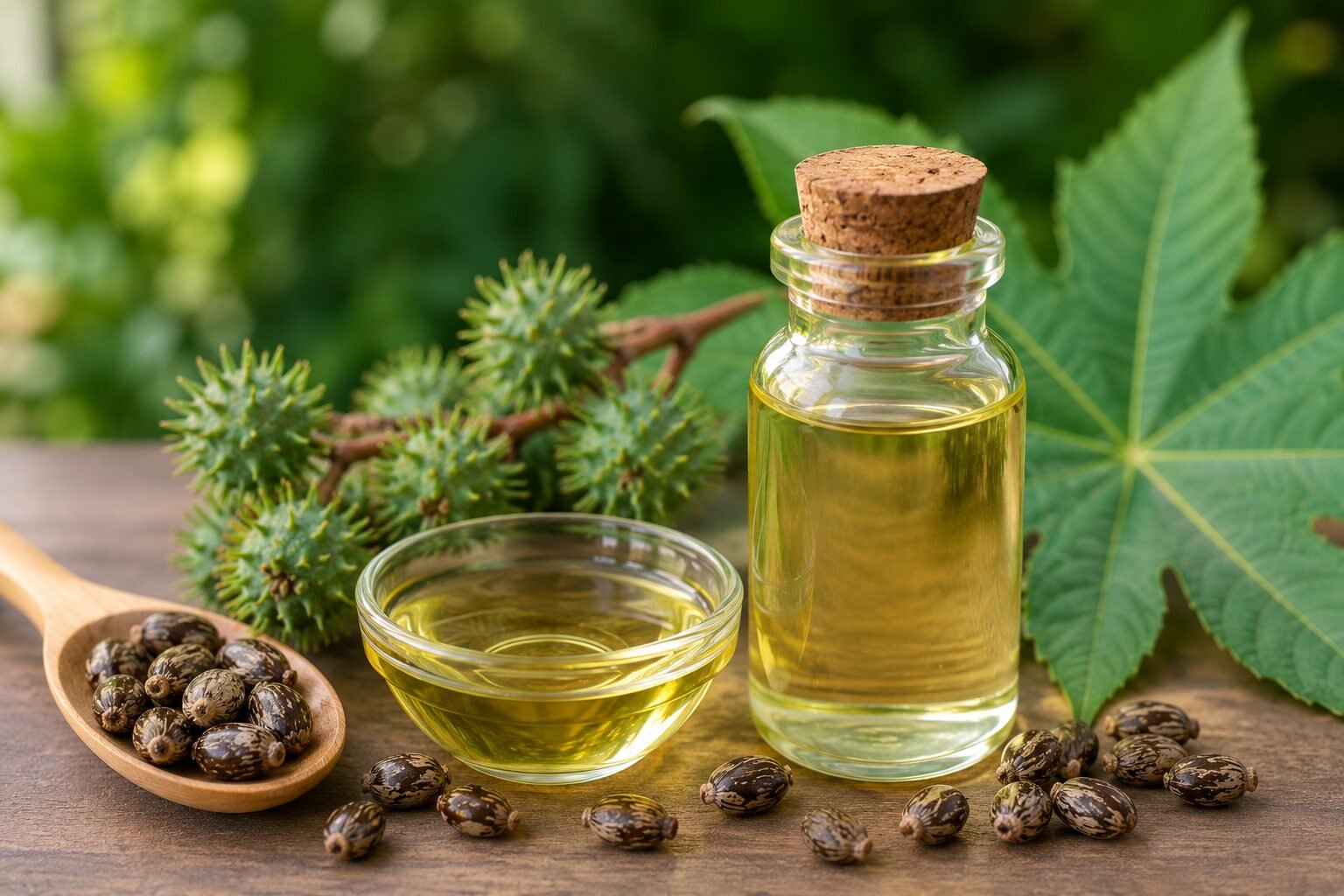 Bottle of castor oil with castor seeds and green leaves representing natural hair care and healthy hair growth support.