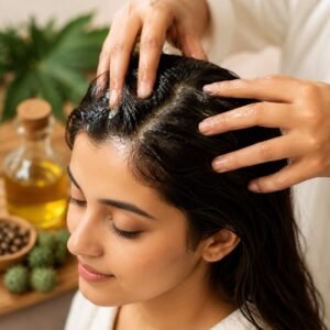 Woman receiving a castor oil scalp massage with natural oil and castor seeds for healthy hair growth and thickness.