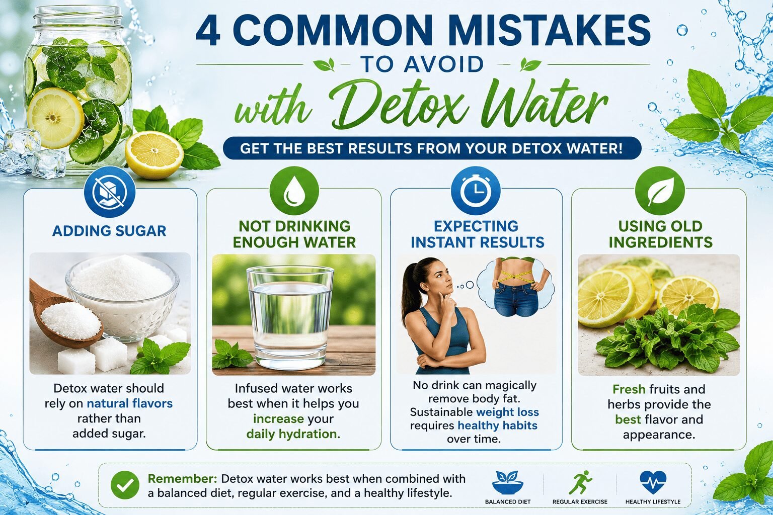 Infographic showing four common detox water mistakes to avoid, including adding sugar, not drinking enough water, expecting instant results, and using old ingredients.