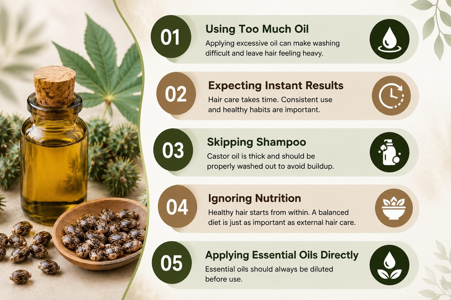 Castor oil bottle with castor seeds and natural hair care tips highlighting common mistakes to avoid for healthier and thicker-looking hair.