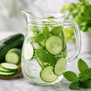 Fresh cucumber mint detox water with ice cubes in a glass pitcher, surrounded by cucumber slices and mint leaves.