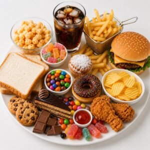 Unhealthy foods to avoid for PCOD and PCOS including sugary drinks, processed snacks, white bread, sweets, fried foods, and fast food