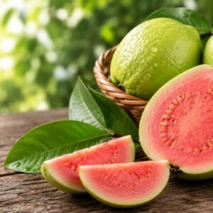 Fresh pink guava slices and whole guava fruits on a rustic wooden table, one of the Best Vitamin C Fruits for Glowing Skin.