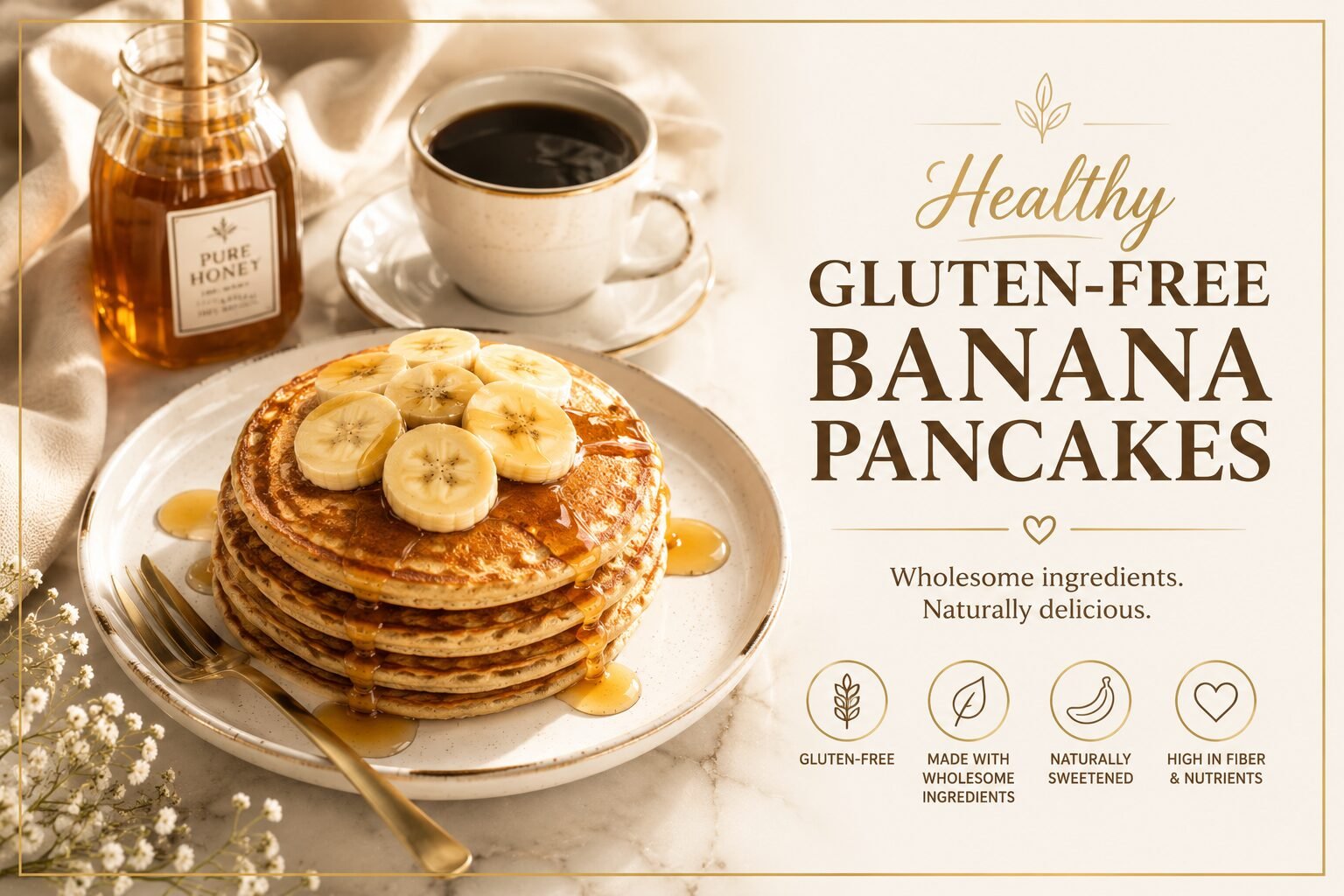 Healthy gluten-free banana pancakes topped with fresh banana slices and honey, served with black coffee and a honey jar for a nutritious breakfast.