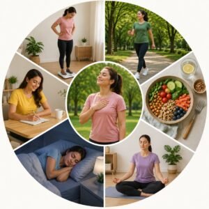 Healthy lifestyle habits for PCOD and PCOS management including balanced diet, regular exercise, quality sleep, stress reduction, and weight management for women