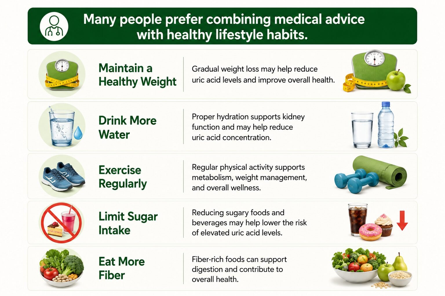 Infographic showing healthy lifestyle habits including weight management, drinking water, regular exercise, reducing sugar intake, and eating fiber-rich foods to support overall wellness and uric acid management.