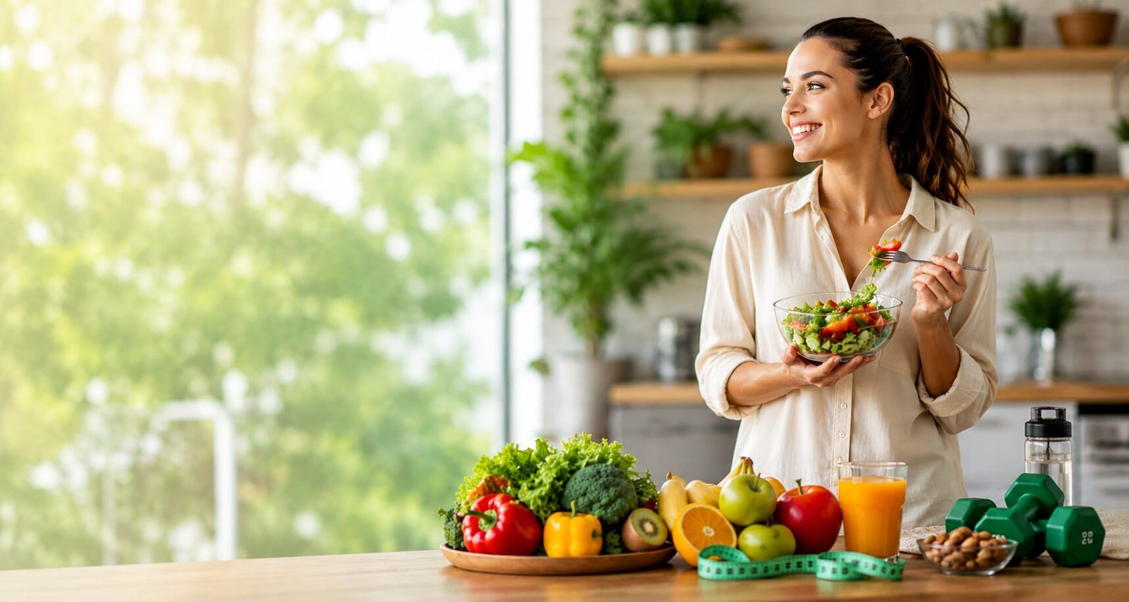 Healthy lifestyle hero banner featuring a smiling woman in modest clothing holding a fresh salad in a bright kitchen with fruits, vegetables, juice, dumbbells, and wellness accessories on a table.
