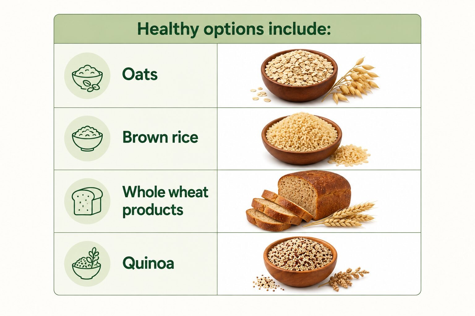 Table-style infographic featuring oats, brown rice, whole wheat products, and quinoa with corresponding grain images on a clean light background.