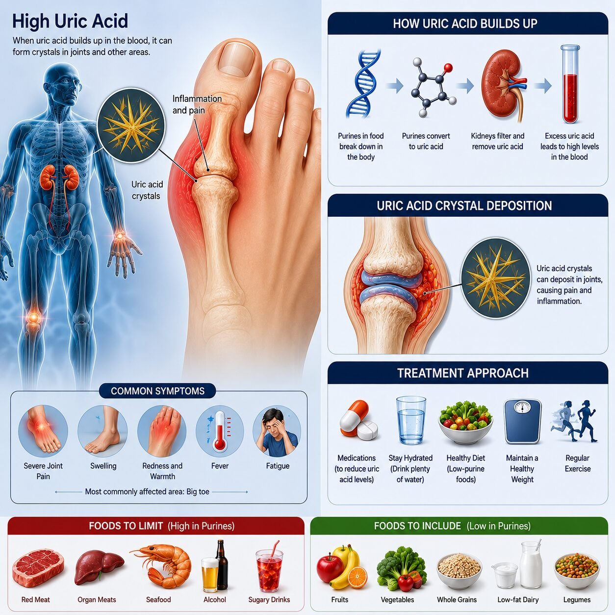 Scientific infographic explaining high uric acid symptoms and treatment, showing uric acid crystal formation, joint inflammation, kidney function, symptoms, treatment options, and dietary recommendations.