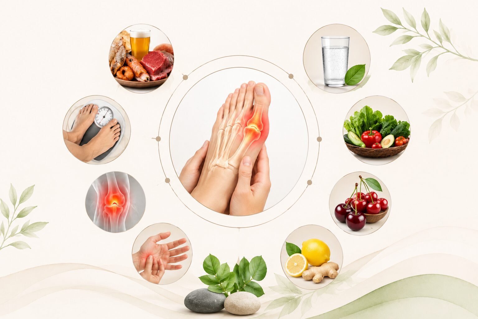 Illustration showing an inflamed foot joint associated with high uric acid, surrounded by healthy foods, water, cherries, vegetables, lemon, and natural wellness elements on a clean light background.
