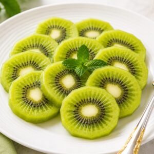 Fresh kiwi slices beautifully arranged on a white plate with a fork, one of the Best Vitamin C Fruits for Glowing Skin.