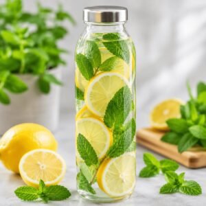 Lemon and mint detox water in a clear glass bottle with fresh lemon slices and mint leaves.