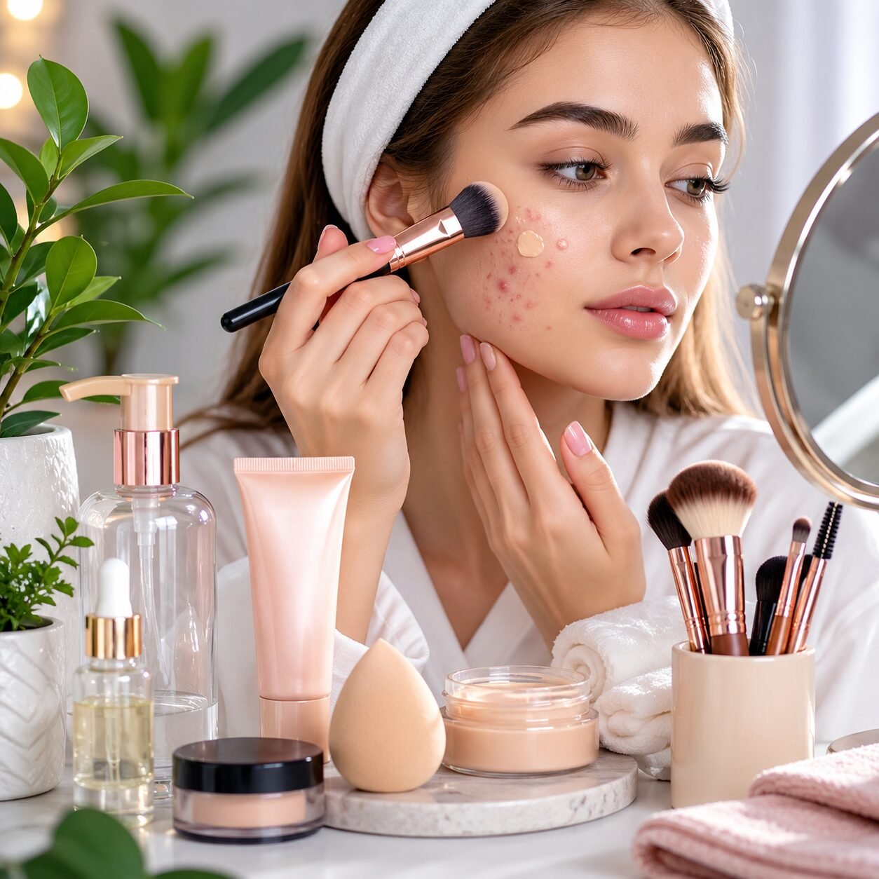Woman with acne-prone skin applying lightweight makeup alongside skincare and beauty products for a healthy, natural makeup routine.