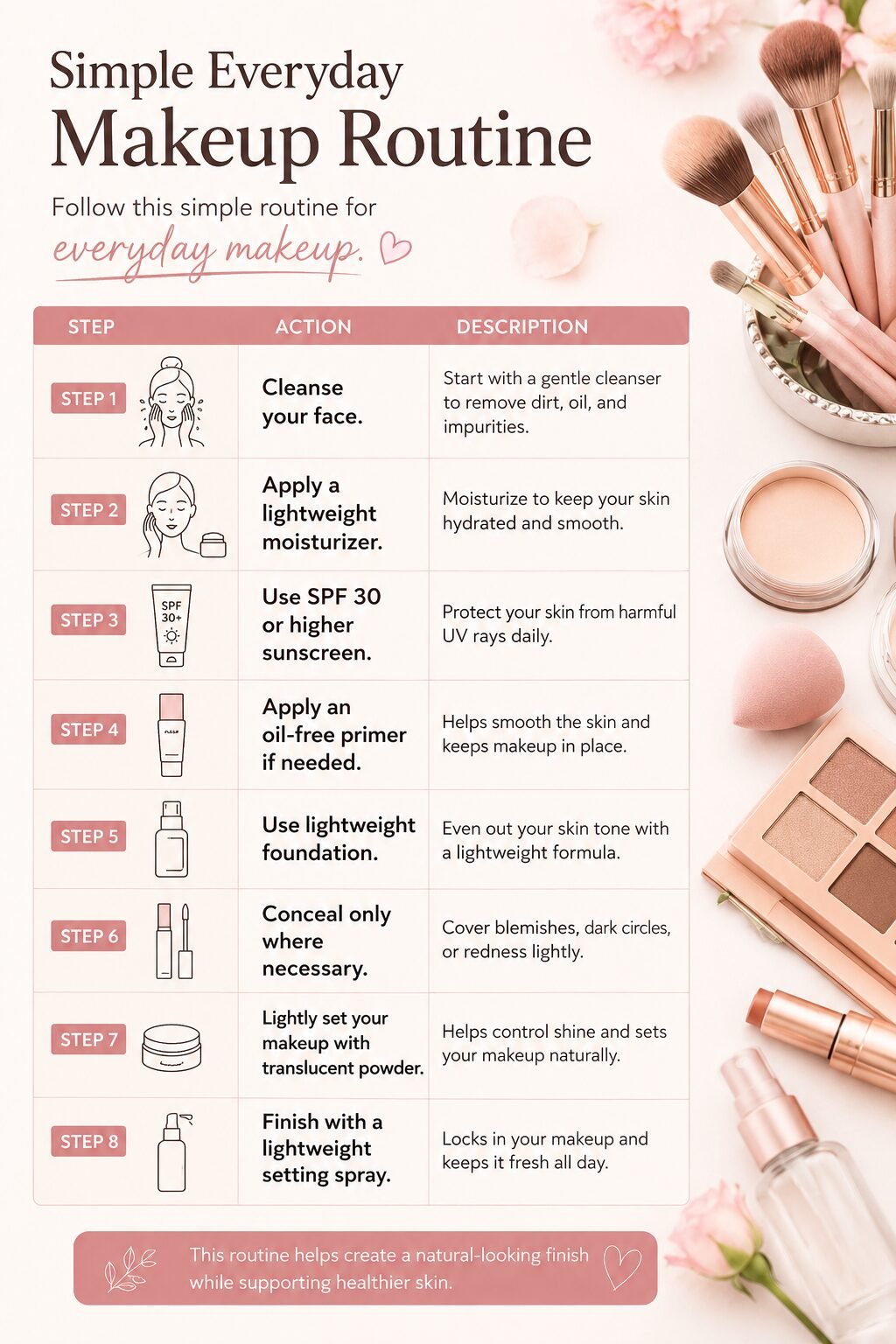 Step-by-step everyday makeup routine for acne-prone skin showing cleansing, moisturizer, SPF sunscreen, primer, lightweight foundation, concealer, translucent powder, and setting spray for a natural finish.