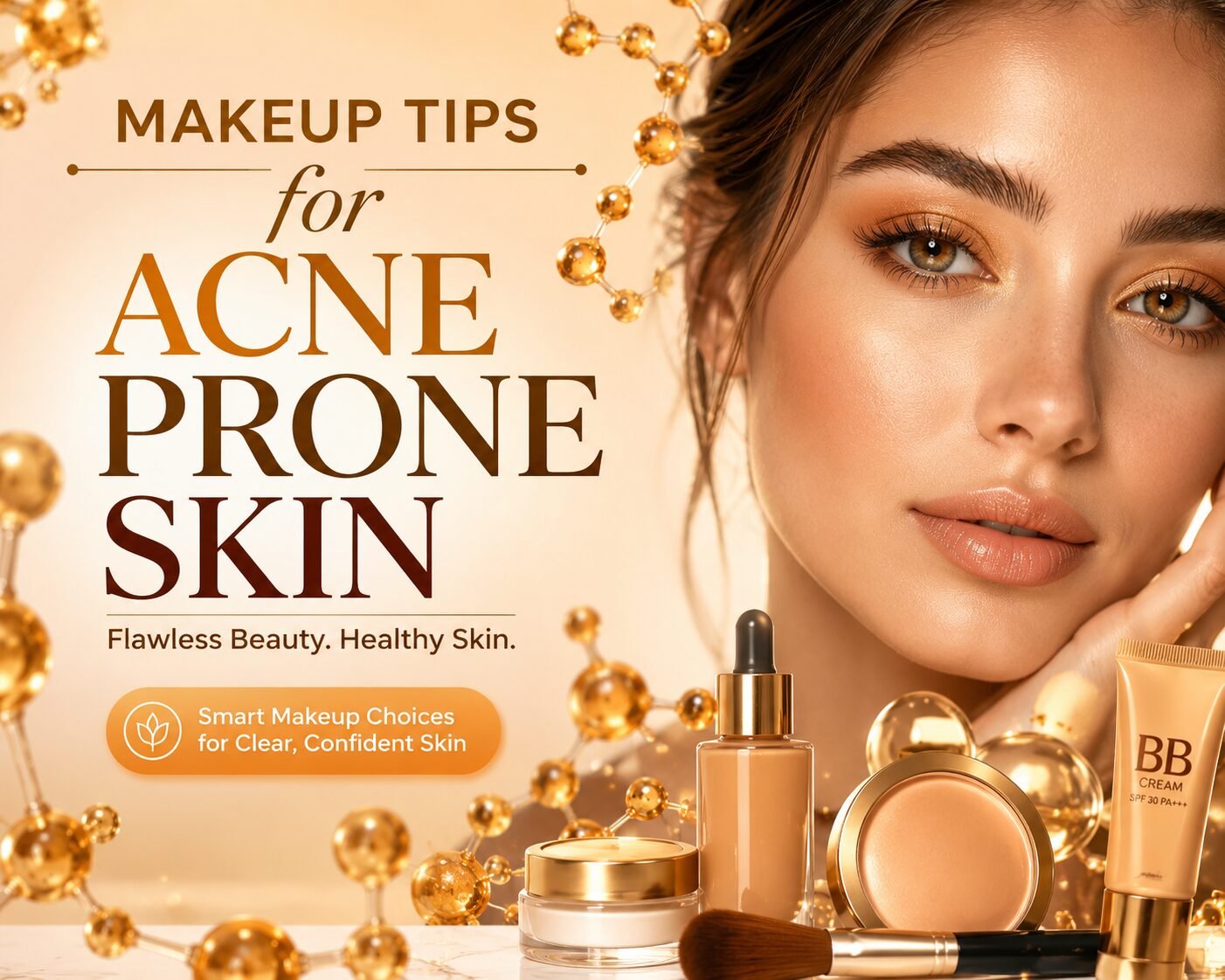 Premium beauty image showing makeup products and glowing skin for makeup tips for acne prone skin with a healthy skincare routine.