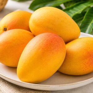 Fresh whole mangoes arranged on an elegant plate, one of the Best Vitamin C Fruits for Glowing Skin.