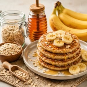 Classic oat banana pancakes topped with banana slices and honey, served with rolled oats, fresh bananas, and a honey jar on a breakfast table.