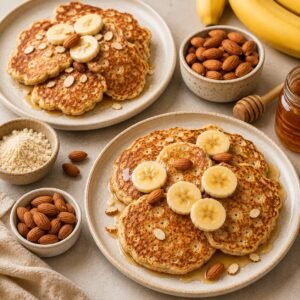 Almond flour banana pancakes served on two plates with fresh banana slices, whole almonds, almond flour, and honey for a healthy gluten-free breakfast.